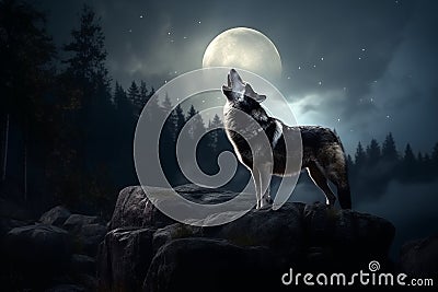 Wild grey wolf howling to moon in dark forest. Generative AI Stock Photo