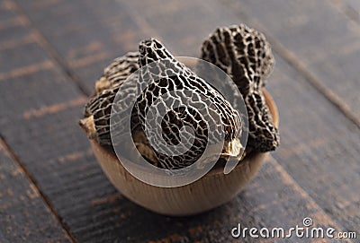 A Bowl of Wild Harvested Morel Mushrooms Trimmed and Dried Stock Photo