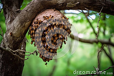 wild hive hanging from tree branch with bees Stock Photo