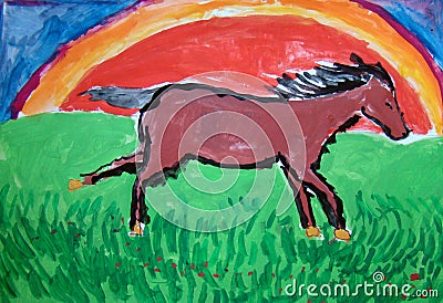 Wild horse running - gouache painting made by child Stock Photo