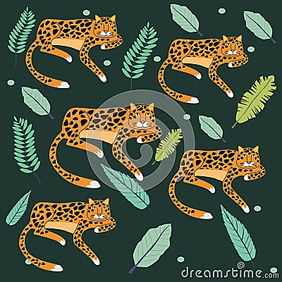 Wild leopards with leafs pattern scene Vector Illustration