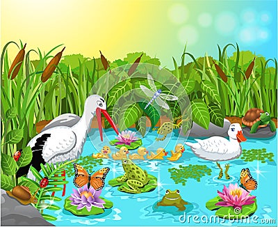 Wild life in the pond Vector Illustration