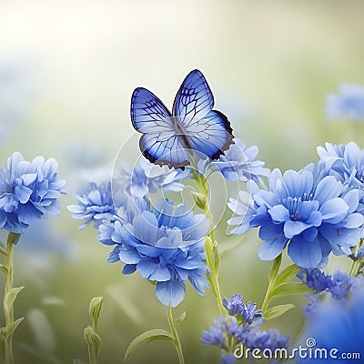 Wild light blue flowers in field and two fluttering butterfly Stock Photo