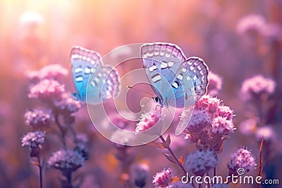 Wild light blue flowers in field and two fluttering butterfly on nature outdoors, close-up macro Stock Photo