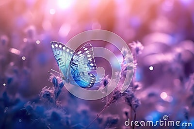 Wild light blue flowers in field and two fluttering butterfly on nature outdoors, close-up macro Stock Photo