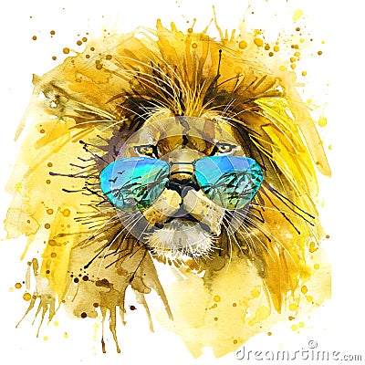 Wild Lion hipster design. Lion watercolor illustration Cartoon Illustration