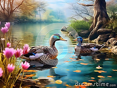 Wild Mallard Ducks In Ths Spring Time Cartoon Illustration