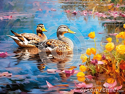 Wild Mallard Ducks In Ths Spring Time Cartoon Illustration