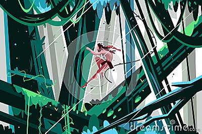 Wild man jumping in jungles Vector Illustration