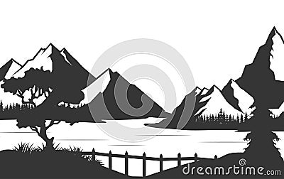 Wild natural landscape with mountains, lake, rocks. Illustration converted to vector Stock Photo