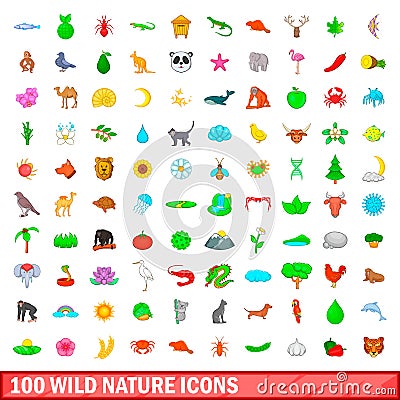 100 wild nature icons set, cartoon style Vector Illustration