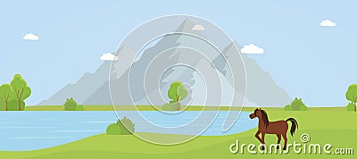 Wild nature reserve flat vector illustration. Beautiful countryside landscape, scenic panorama with mountains, lake and Vector Illustration