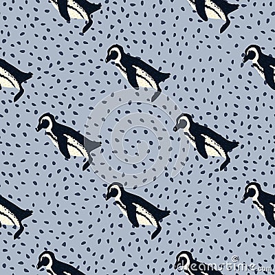 Wild nature seamless pattern with hand drawn penguin ornament. Light blue dotted background Vector Illustration