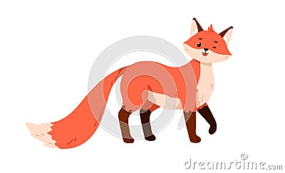 Wild orange baby fox standing, looking and winking. Cute funny forest animal with furry tail. Happy smiling fluffy Vector Illustration