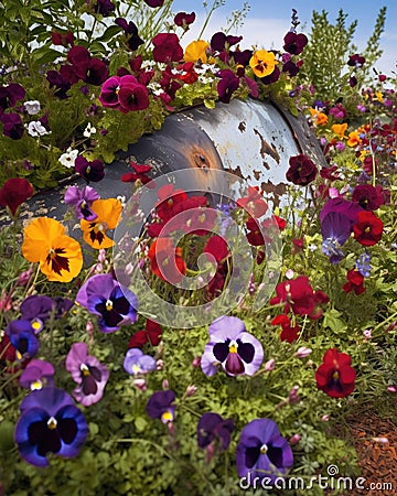 Wild pansies and crimson roses have overtaken a bulletriddled aircraft their colorful blooms standing out against Stock Photo