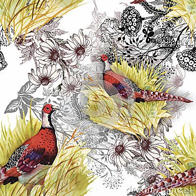 Wild Pheasant animals birds in watercolor floral seamless pattern Vector Illustration