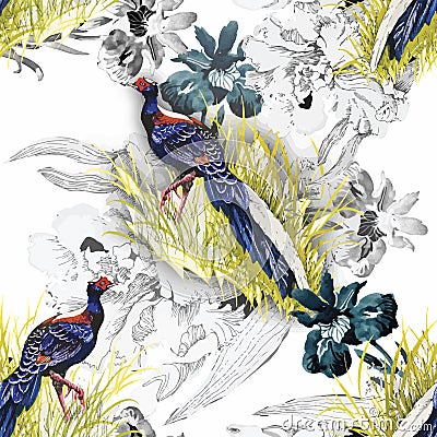 Wild Pheasant animals birds in watercolor floral seamless pattern Vector Illustration