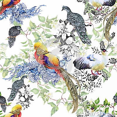 Wild Pheasant animals birds in watercolor floral seamless pattern Vector Illustration