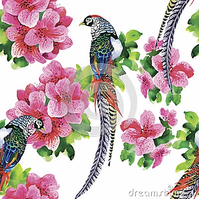 Wild Pheasant animals birds in watercolor floral seamless pattern Vector Illustration