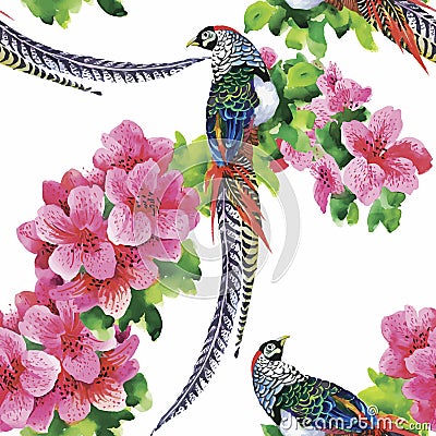 Wild Pheasant animals birds in watercolor floral seamless pattern Vector Illustration