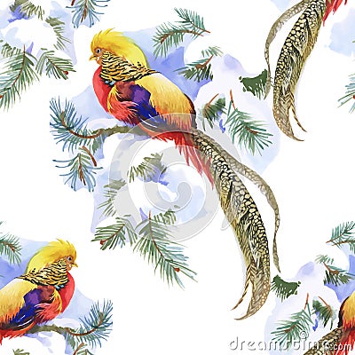 Wild Pheasant animals birds in watercolor floral seamless pattern Vector Illustration