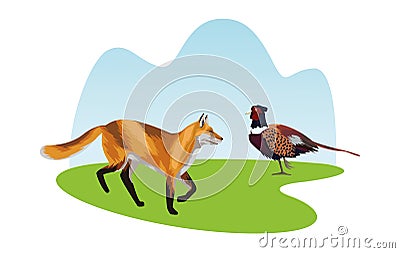 Wild pheasant bird and fox animals icons Vector Illustration