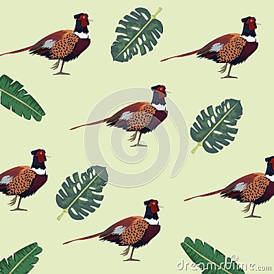 Wild pheasants birds farm and leafs pattern Vector Illustration