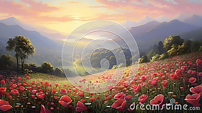 wild poppies waking up to the first light of dawn Stock Photo