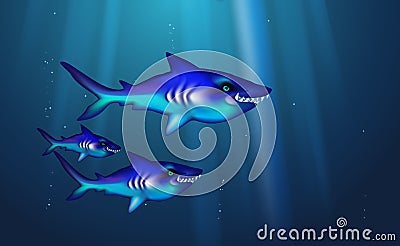 Wild predator sharks blue background small flock fish. Cartoon funny cant marine life optimized from banner design, this a happy Vector Illustration