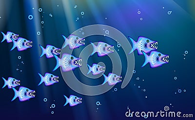 Wild predators blue background flock of small fish. Cartoon funny cant marine life optimized from banner design, this illustration Vector Illustration