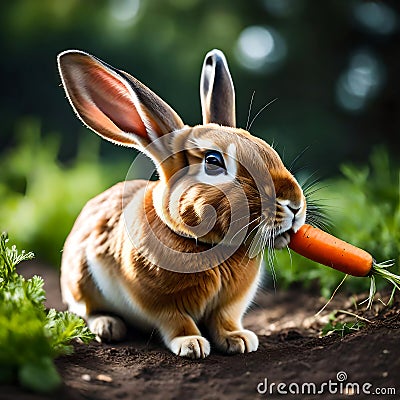 Wild rabbit about to eat a carrot - ai generated image Stock Photo