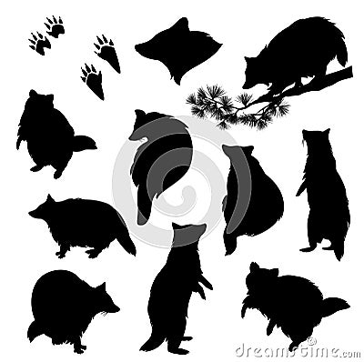 Wild raccoon black and white vector silhouette set Vector Illustration