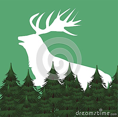 Wild reindeer animal silhouette with forest scene Vector Illustration