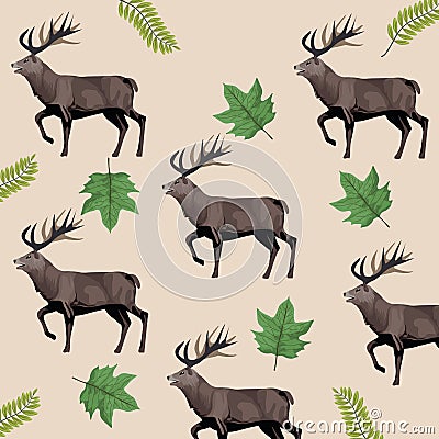 Wild reindeer animals and leafs pattern Vector Illustration