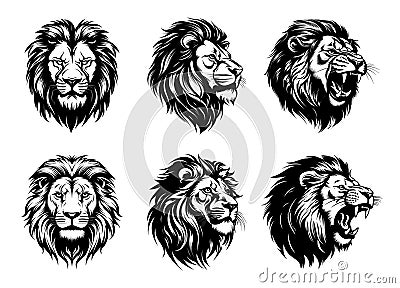 Wild roaring lion king head tattoo set. Front and side view predator face, lions heads black and white ink sketch Vector Illustration