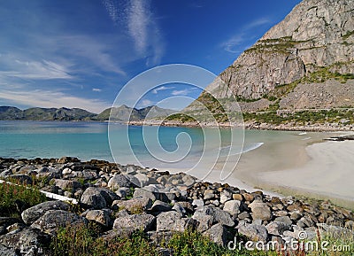 Wild Rorvik Beach With Turquoise Water On Lofoten Island Austvagoy Stock Photo