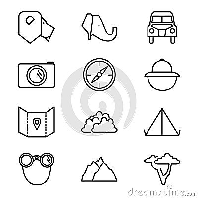 Wild Safari Park Outline Vector Icon Collection. Simple and clean style outline symbols with wild trip nature objects. Vector Illustration