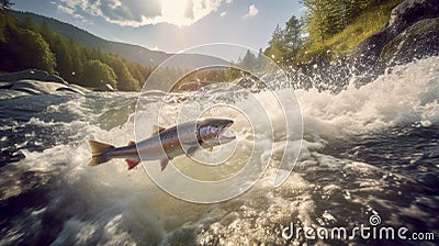 Wild salmon fish jumping from the water and swimming against the current in a high mountain river Stock Photo