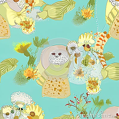 Seamless floral pattern with tropical flowers, Vector Cartoon Illustration