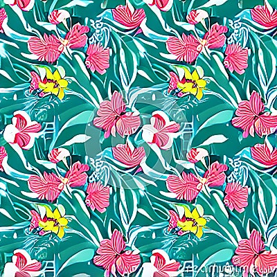 Seamless floral pattern with tropical flowers, Vector Cartoon Illustration