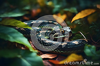 Wild Snake on Green Leaves, allure of wildlife Stock Photo