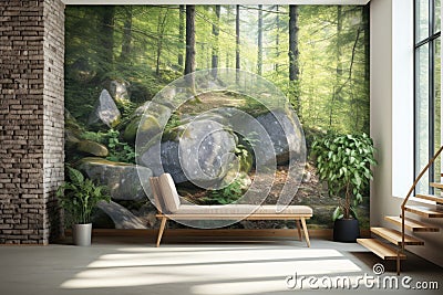 Wild stone cladding wall in bright hallway. Wooden bench near white wall with big poster frame against panoramic window Stock Photo