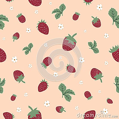 Floating strawberries seamless pattern on a beige background Vector Illustration