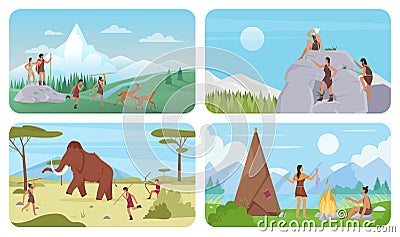 Wild survival scenes with primitive people of prehistory ages set, caveman hunting Vector Illustration