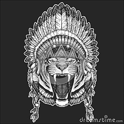 Wild tiger Cool animal wearing native american indian headdress with feathers Boho chic style Hand drawn image for Vector Illustration