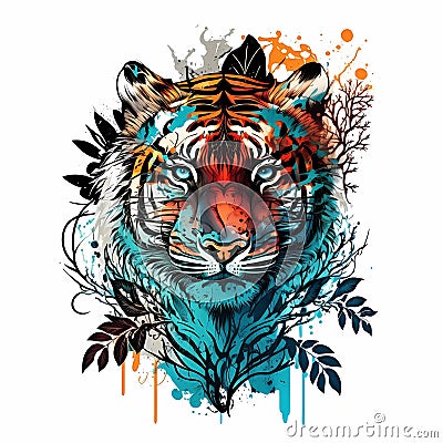 Wild tiger totem in floral natural style Cartoon Illustration