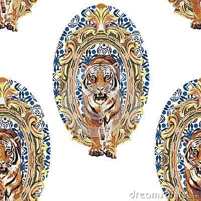 Wild tiger in vintage frame Vector Illustration