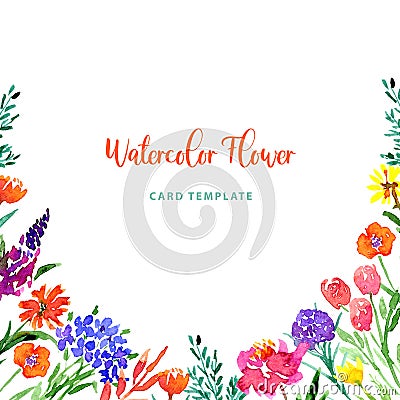 Wild watercolor little gentle flowers and leaves card border frame template. Loose style floral set. Isolated images of Stock Photo