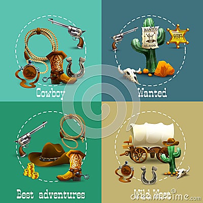 Wild West Adventures Icons Set Vector Illustration