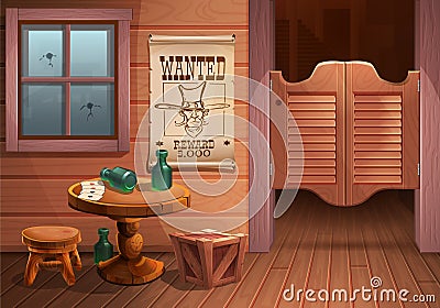 Wild west background scene - door of the saloon, table with chair and poster with cowboy face and the inscription is wanted. Vector Illustration